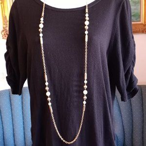 Necklace Shiny, Eye-Catching 48" Beaded Gold Tone White-Item #210